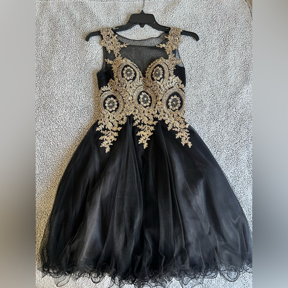 May Queen Couture Black and Gold Formal Prom/Homecoming Short Dress